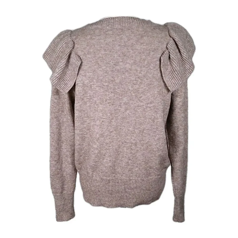 143 STORY Ruffle Sweater Retro 80s 90s Preppy Prep Clean Girl Tan Brown Sz M - Picture 3 of 8